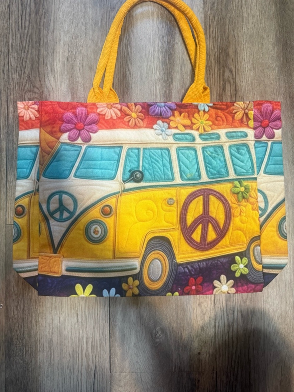Colorful Yellow VW Bus Tote with Peace Sign and Floral Design